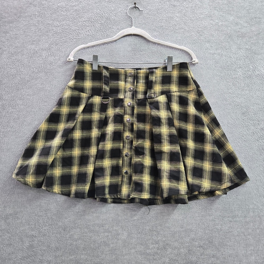 Hot Topic Women Skirt MD Black Plaid Polyester Blend Rayon Pleated Skirt